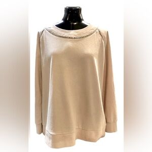 Vocal beige sweat shirt with gold chain boarding the neck line size large